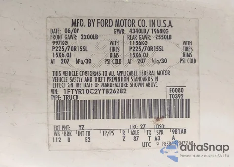 2000 Ford Ranger Xl/Xlt z USA, uszkodzony, nr VIN 1FTYR10C2YTB26282